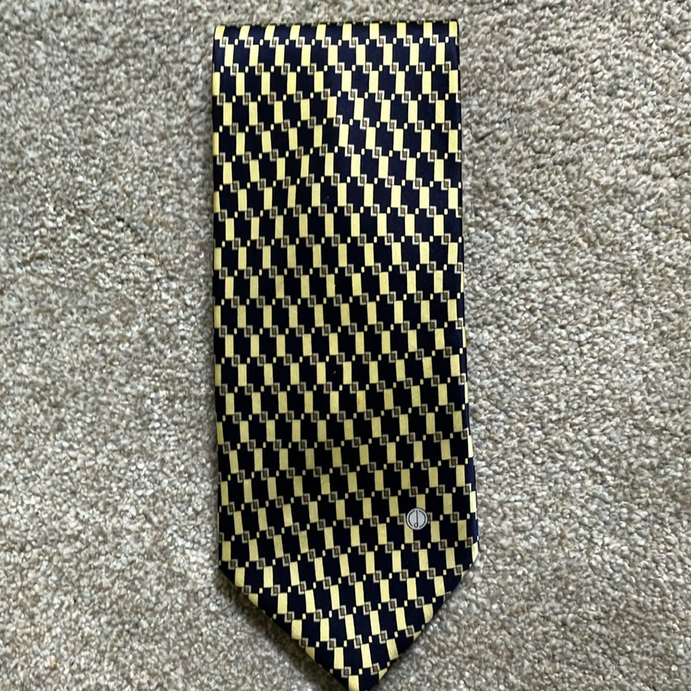 Men’s Alfred Dunhil dress tie silk navy gold silver yellow hand made lined OS